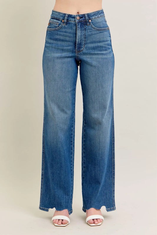 Judy Blue Full Size High Waist Tummy Control Chew Hem Destroy Wide Jeans Plus Size - Blu Lotus Boutique