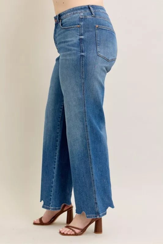 Judy Blue Full Size High Waist Tummy Control Chew Hem Destroy Wide Jeans Plus Size - Blu Lotus Boutique