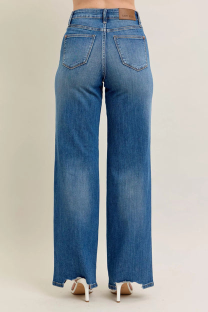 Judy Blue Full Size High Waist Tummy Control Chew Hem Destroy Wide Jeans Plus Size - Blu Lotus Boutique