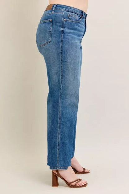 Judy Blue Full Size High Waist Tummy Control Chew Hem Destroy Wide Jeans Plus Size - Blu Lotus Boutique