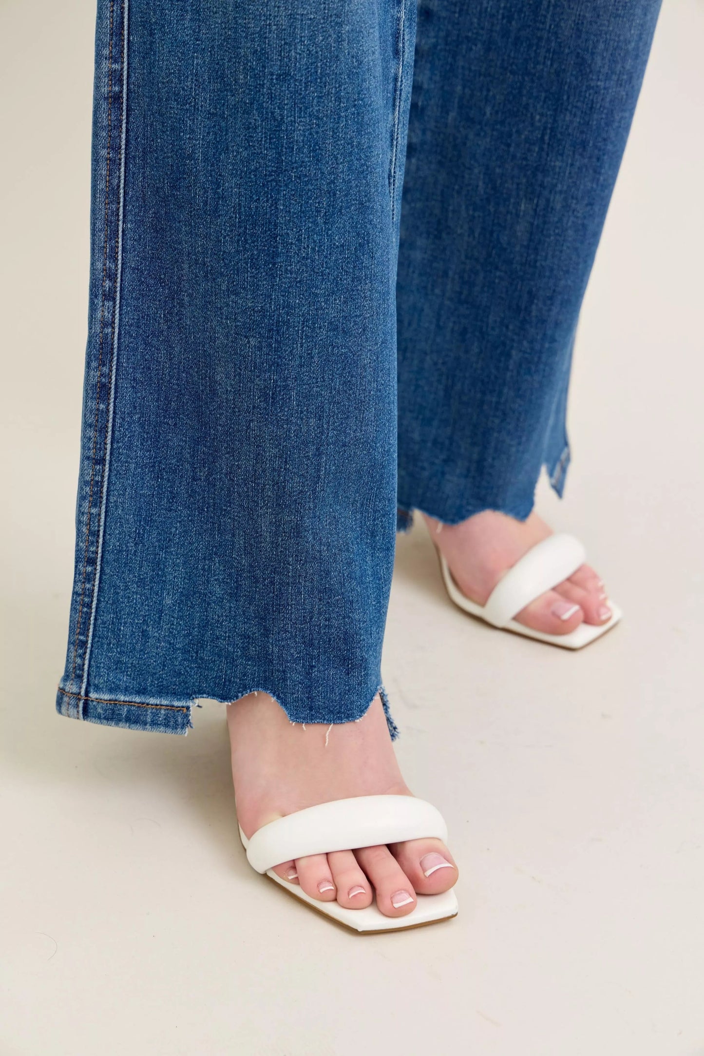 Judy Blue Full Size High Waist Tummy Control Chew Hem Destroy Wide Jeans Plus Size - Blu Lotus Boutique