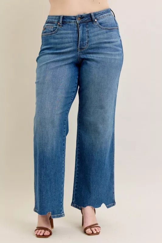 Judy Blue Full Size High Waist Tummy Control Chew Hem Destroy Wide Jeans Plus Size - Blu Lotus Boutique