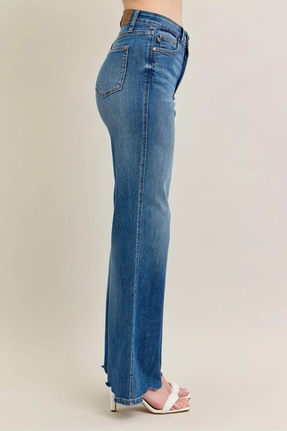 Judy Blue Full Size High Waist Tummy Control Chew Hem Destroy Wide Jeans Plus Size - Blu Lotus Boutique
