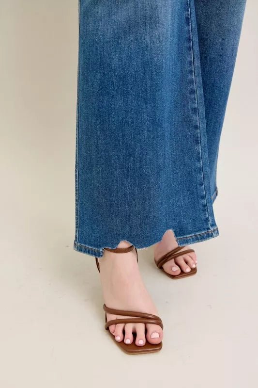 Judy Blue Full Size High Waist Tummy Control Chew Hem Destroy Wide Jeans Plus Size - Blu Lotus Boutique