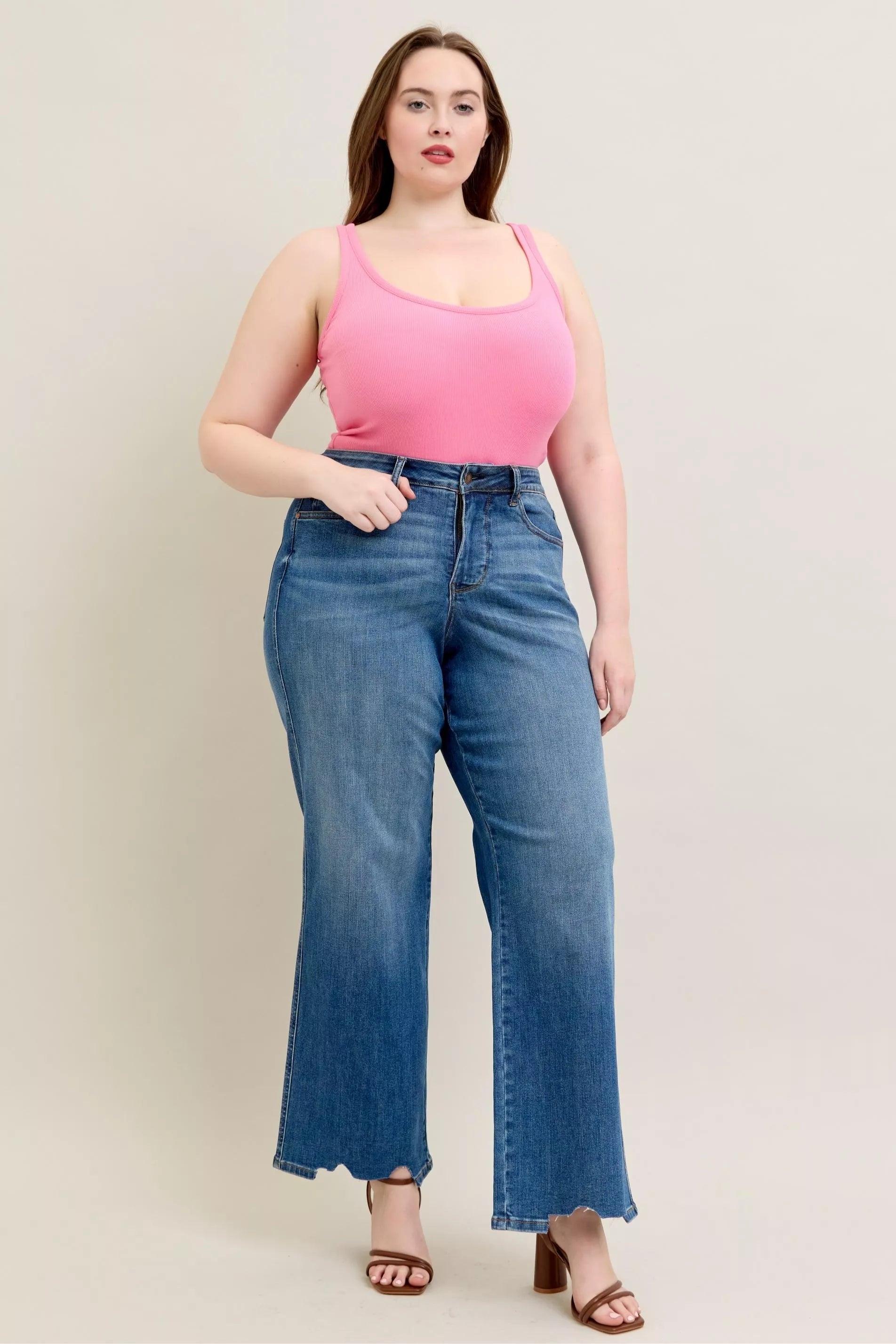 Judy Blue Full Size High Waist Tummy Control Chew Hem Destroy Wide Jeans Plus Size - Blu Lotus Boutique
