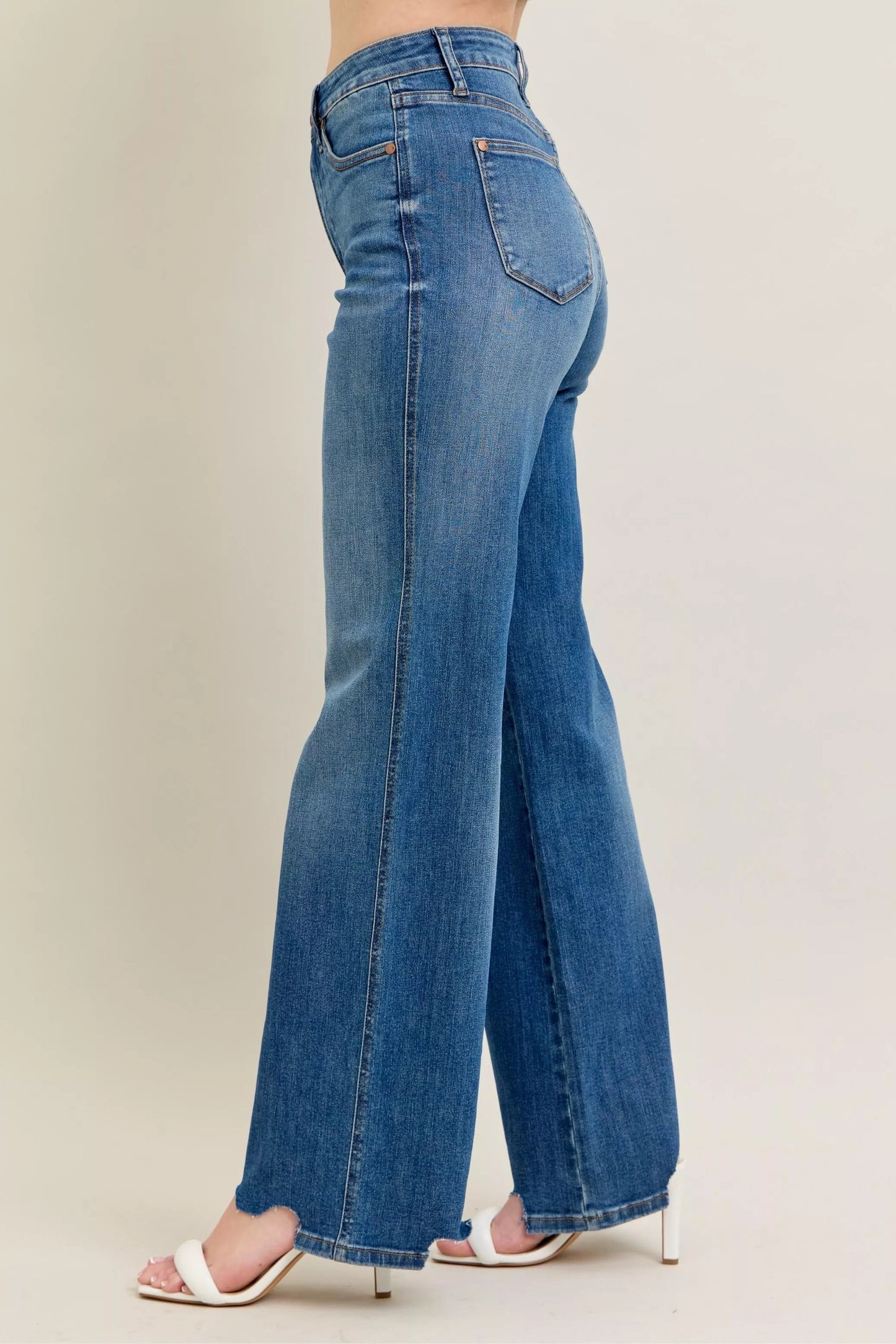 Judy Blue Full Size High Waist Tummy Control Chew Hem Destroy Wide Jeans Plus Size - Blu Lotus Boutique