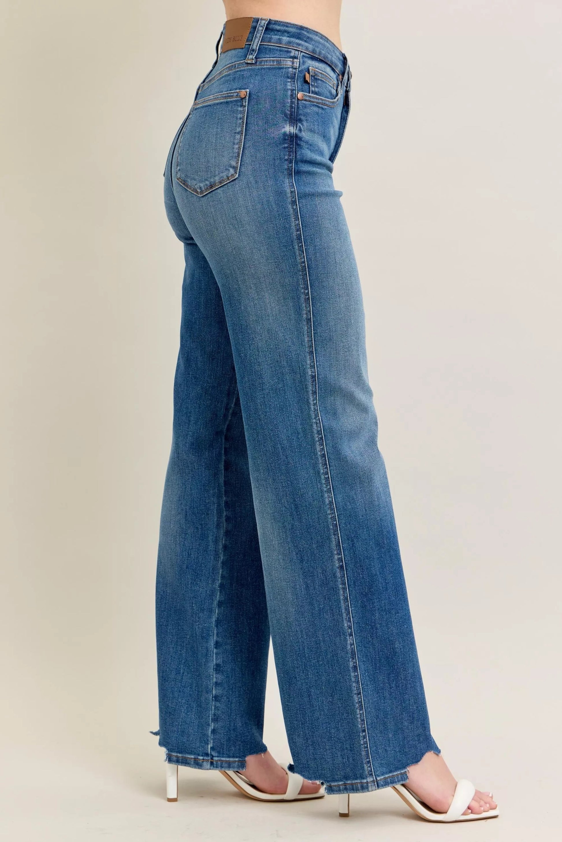 Judy Blue Full Size High Waist Tummy Control Chew Hem Destroy Wide Jeans Plus Size - Blu Lotus Boutique