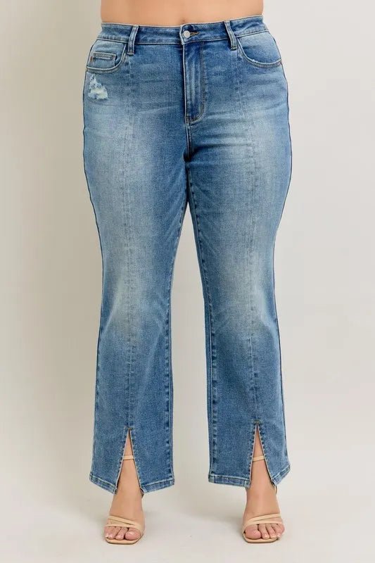 Judy Blue Full Size High Waist Vintage Wash Front Seam & Slit Straight Plus Size - Blu Lotus Boutique