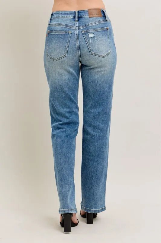 Judy Blue Full Size High Waist Vintage Wash Front Seam & Slit Straight Plus Size - Blu Lotus Boutique