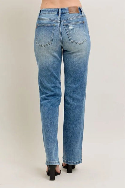 Judy Blue Full Size High Waist Vintage Wash Front Seam & Slit Straight Plus Size - Blu Lotus Boutique