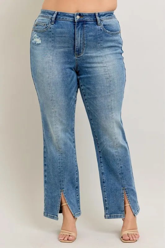 Judy Blue Full Size High Waist Vintage Wash Front Seam & Slit Straight Plus Size - Blu Lotus Boutique