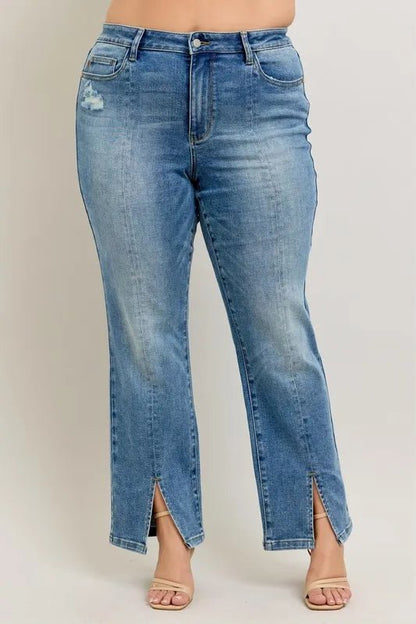 Judy Blue Full Size High Waist Vintage Wash Front Seam & Slit Straight Plus Size - Blu Lotus Boutique