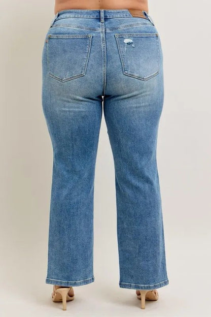 Judy Blue Full Size High Waist Vintage Wash Front Seam & Slit Straight Plus Size - Blu Lotus Boutique