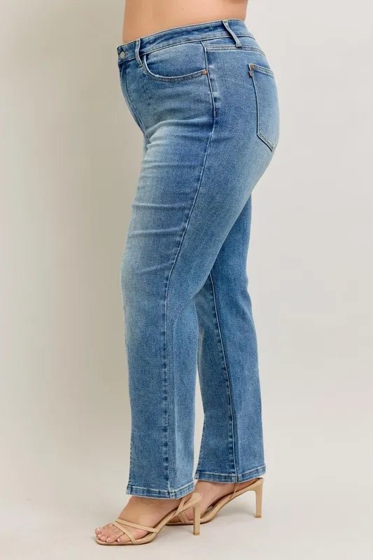 Judy Blue Full Size High Waist Vintage Wash Front Seam & Slit Straight Plus Size - Blu Lotus Boutique