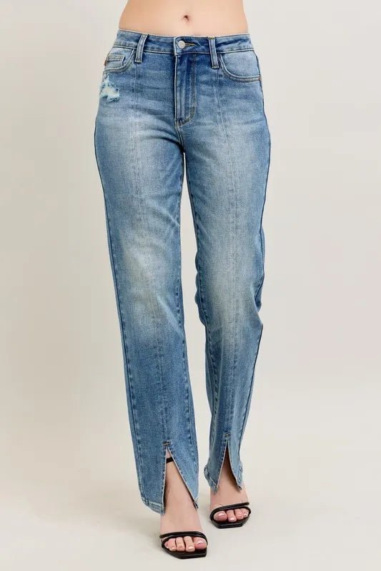 Judy Blue Full Size High Waist Vintage Wash Front Seam & Slit Straight Plus Size - Blu Lotus Boutique