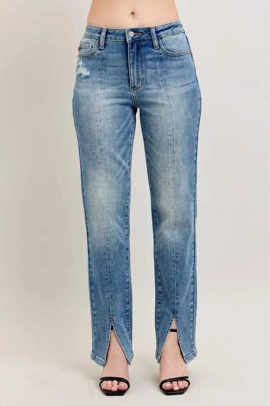 Judy Blue Full Size High Waist Vintage Wash Front Seam & Slit Straight Plus Size - Blu Lotus Boutique