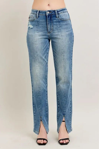 Judy Blue Full Size High Waist Vintage Wash Front Seam & Slit Straight Plus Size - Blu Lotus Boutique