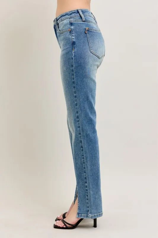 Judy Blue Full Size High Waist Vintage Wash Front Seam & Slit Straight Plus Size - Blu Lotus Boutique