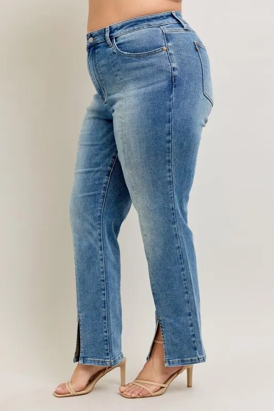 Judy Blue Full Size High Waist Vintage Wash Front Seam & Slit Straight Plus Size - Blu Lotus Boutique