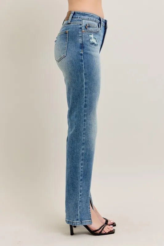 Judy Blue Full Size High Waist Vintage Wash Front Seam & Slit Straight Plus Size - Blu Lotus Boutique