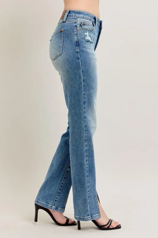 Judy Blue Full Size High Waist Vintage Wash Front Seam & Slit Straight Plus Size - Blu Lotus Boutique