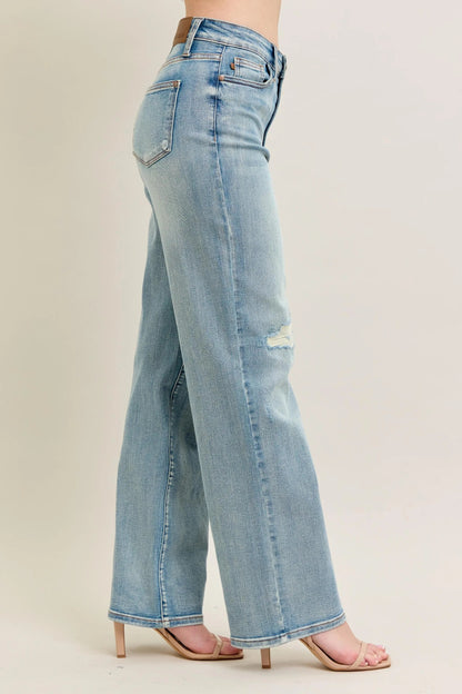 Judy Blue Full Size Hw Destroy & Knee Patch Straight Jeans Plus Size - Blu Lotus Boutique