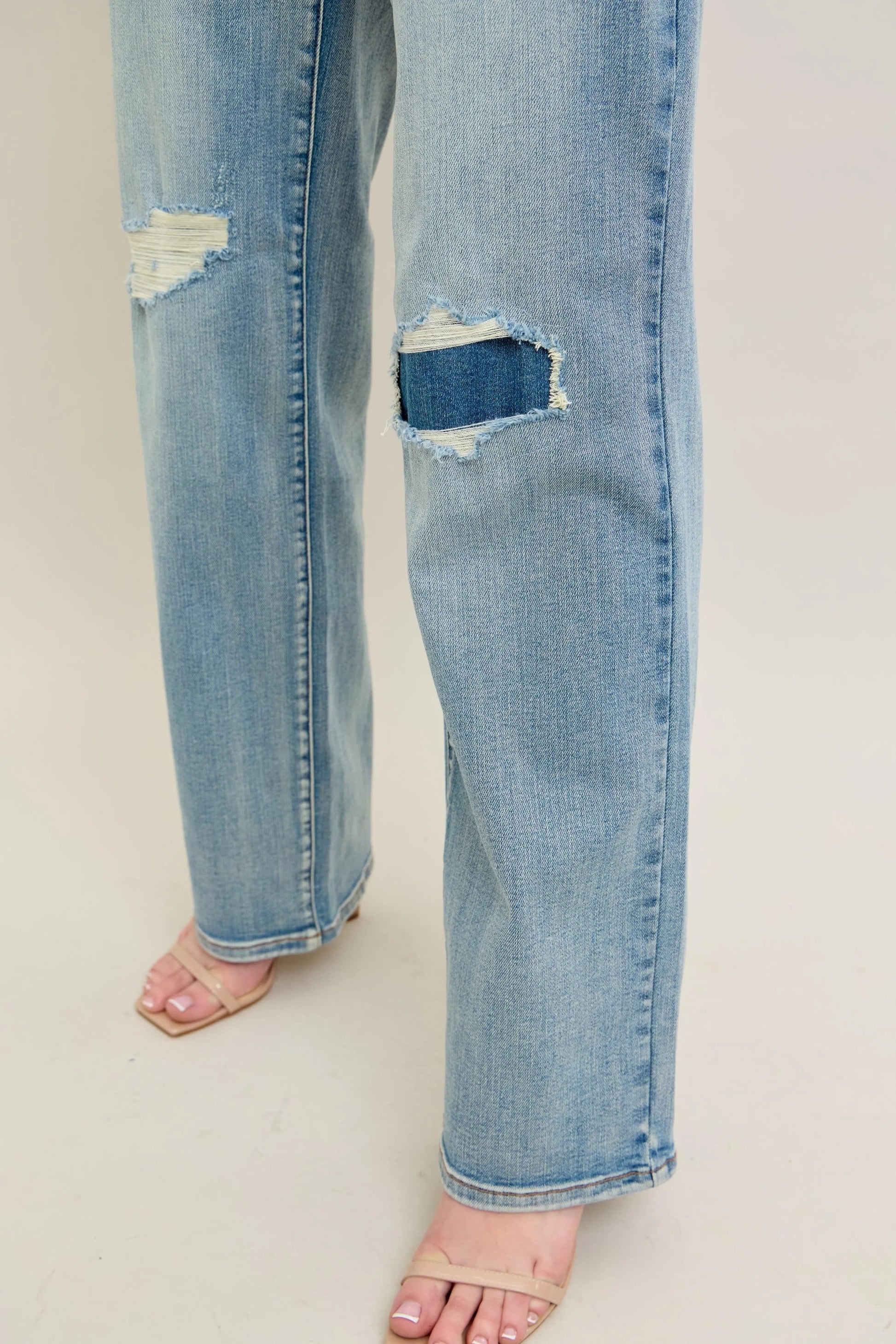 Judy Blue Full Size Hw Destroy & Knee Patch Straight Jeans Plus Size - Blu Lotus Boutique