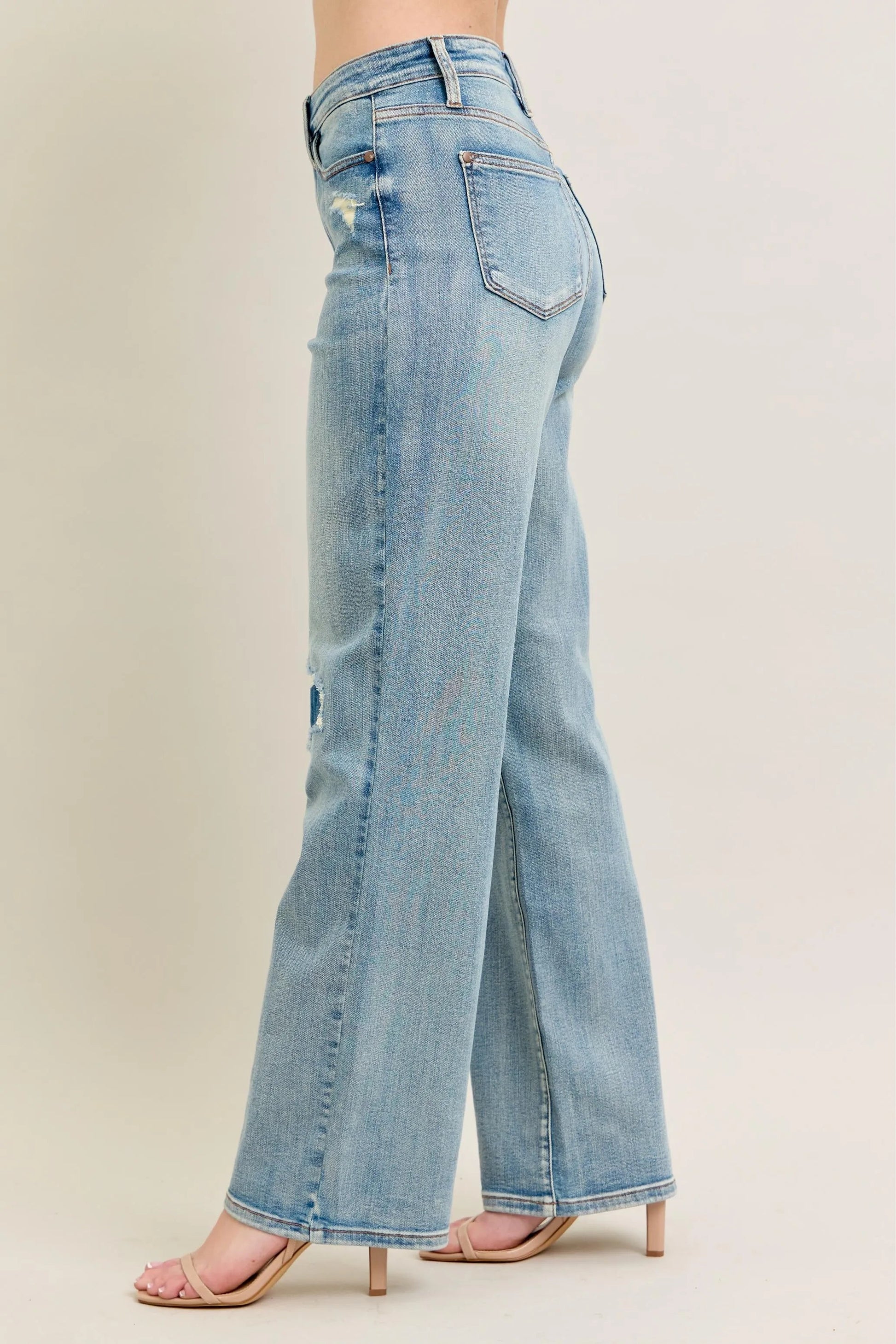 Judy Blue Full Size Hw Destroy & Knee Patch Straight Jeans Plus Size - Blu Lotus Boutique
