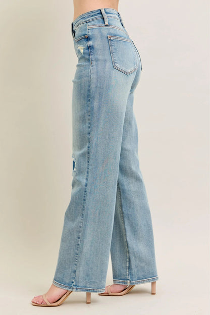 Judy Blue Full Size Hw Destroy & Knee Patch Straight Jeans Plus Size - Blu Lotus Boutique