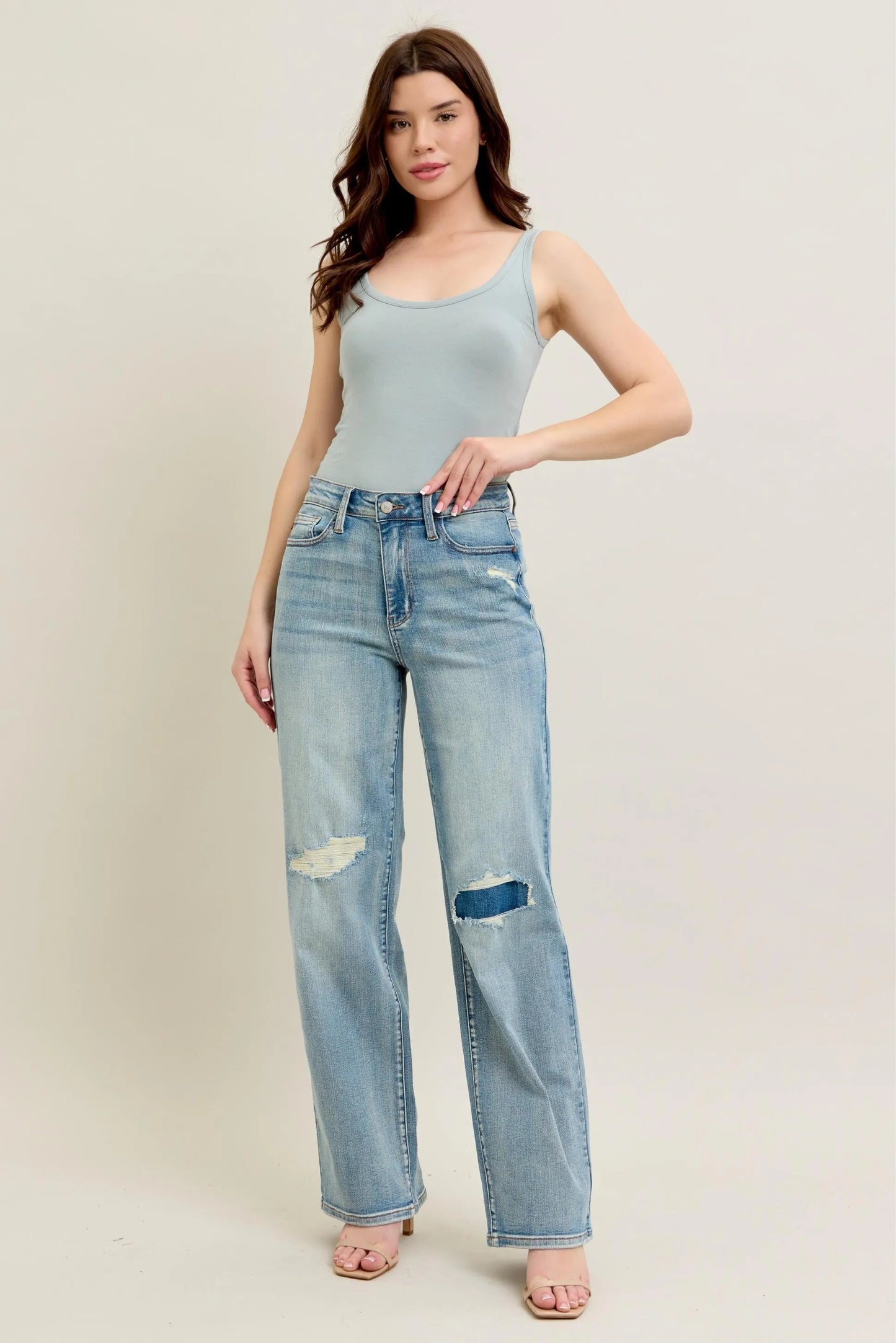 Judy Blue Full Size Hw Destroy & Knee Patch Straight Jeans Plus Size - Blu Lotus Boutique