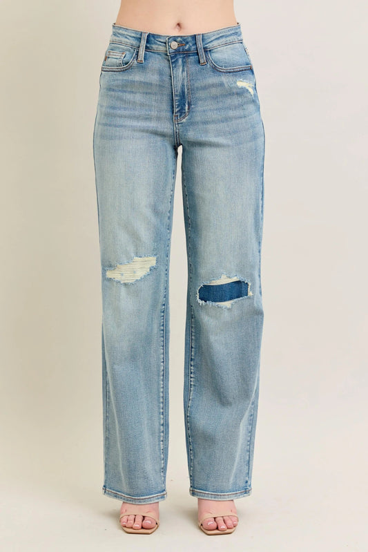 Judy Blue Full Size Hw Destroy & Knee Patch Straight Jeans Plus Size - Blu Lotus Boutique