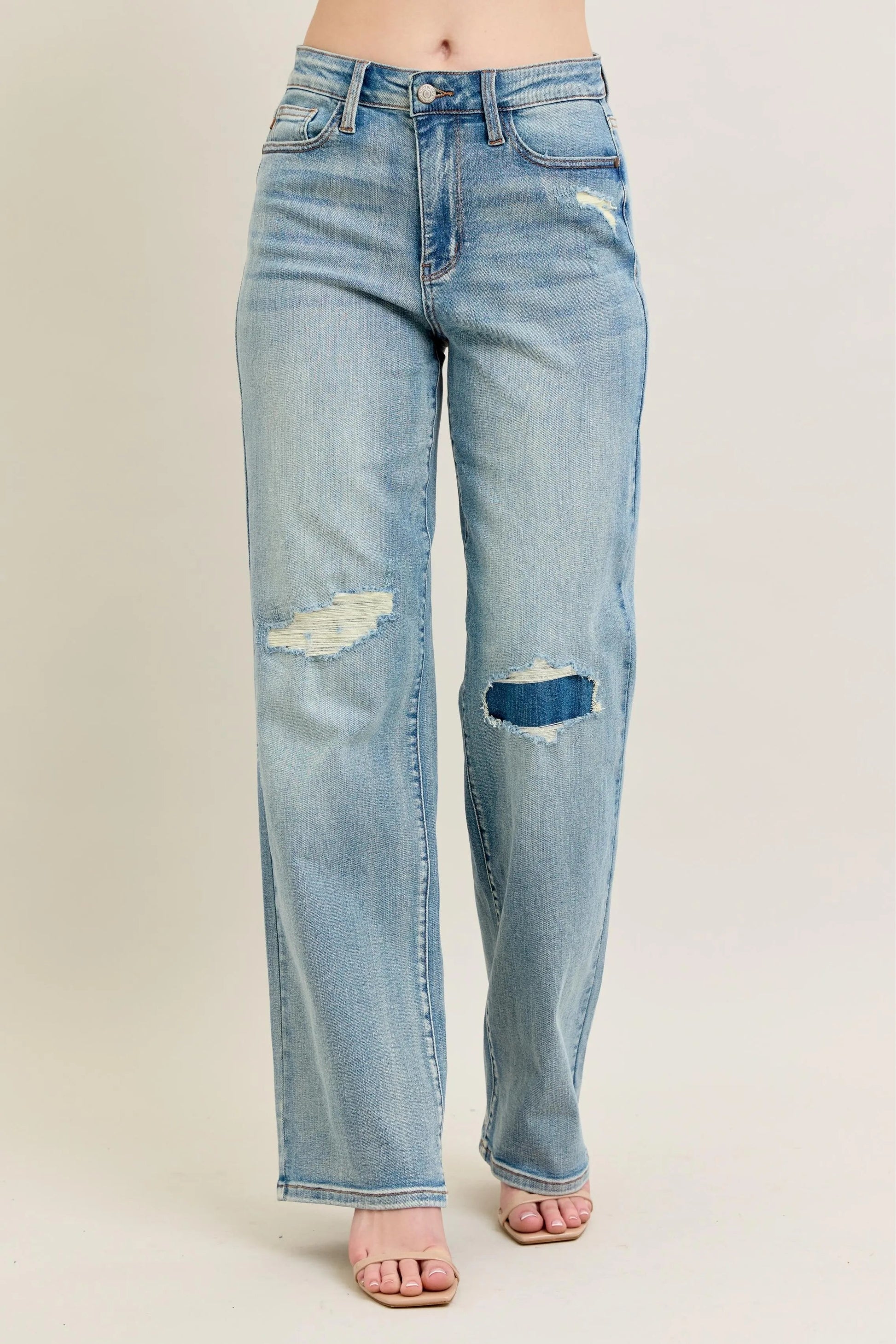 Judy Blue Full Size Hw Destroy & Knee Patch Straight Jeans Plus Size - Blu Lotus Boutique
