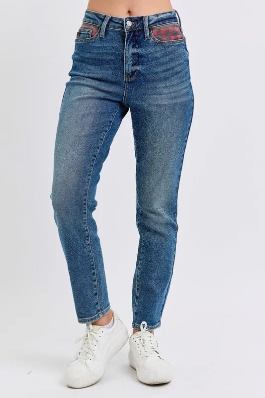Judy Blue Full Size HW Plaid Patch Slim Fit Jeans Plus Size - Blu Lotus Boutique