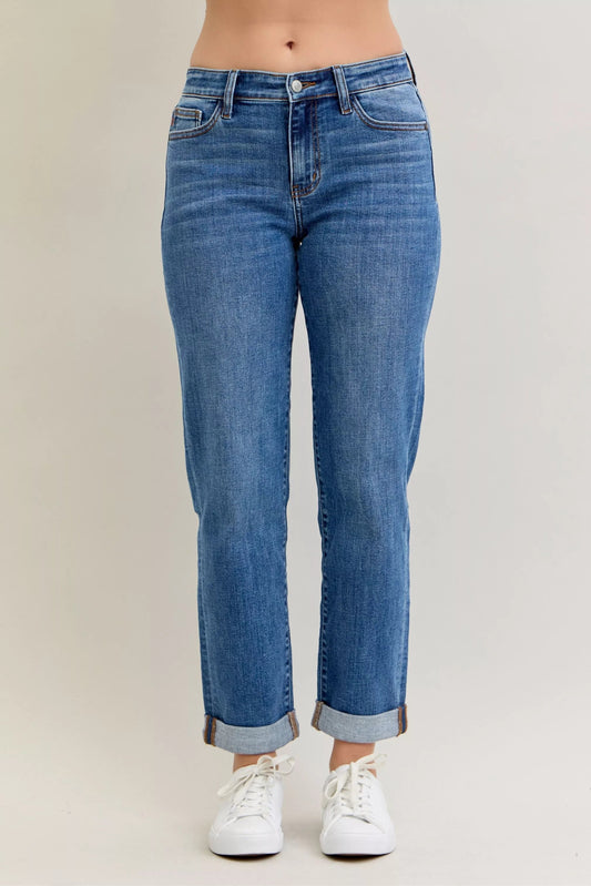Judy Blue Full Size Mid Rise BF Classic Cuffed Jeans Plus Size - Blu Lotus Boutique