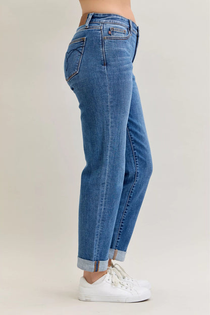 Judy Blue Full Size Mid Rise BF Classic Cuffed Jeans Plus Size - Blu Lotus Boutique