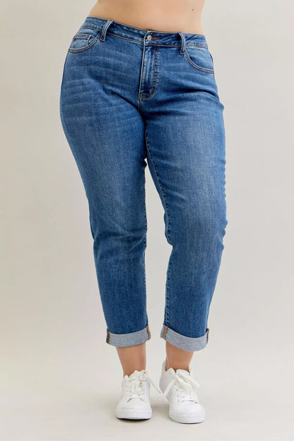 Judy Blue Full Size Mid Rise BF Classic Cuffed Jeans Plus Size - Blu Lotus Boutique