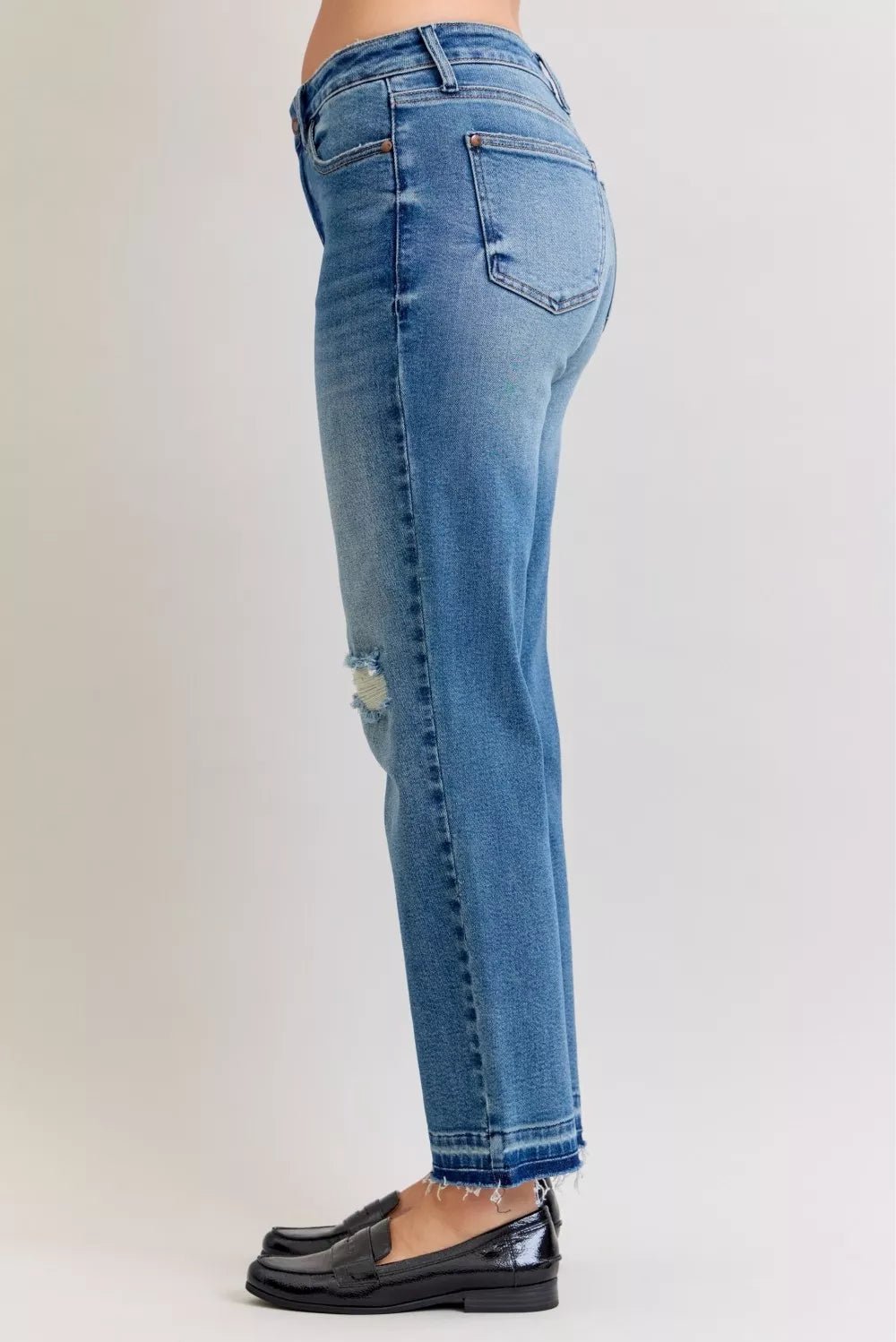 Judy Blue Full Size Mid Rise Bf Patch & Repair Destroy Release Hem Jeans Plus Size - Blu Lotus Boutique