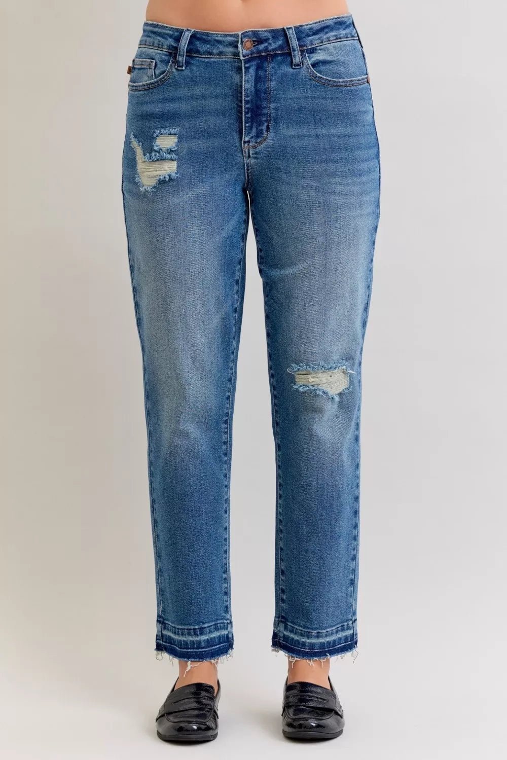 Judy Blue Full Size Mid Rise Bf Patch & Repair Destroy Release Hem Jeans Plus Size - Blu Lotus Boutique
