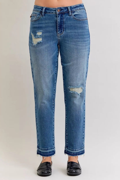 Judy Blue Full Size Mid Rise Bf Patch & Repair Destroy Release Hem Jeans Plus Size - Blu Lotus Boutique