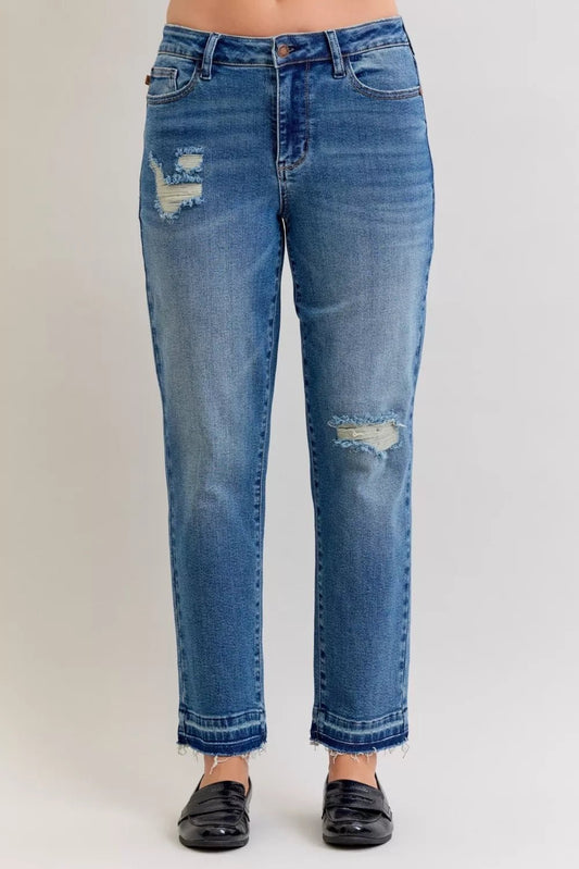 Judy Blue Full Size Mid Rise Bf Patch & Repair Destroy Release Hem Jeans Plus Size - Blu Lotus Boutique