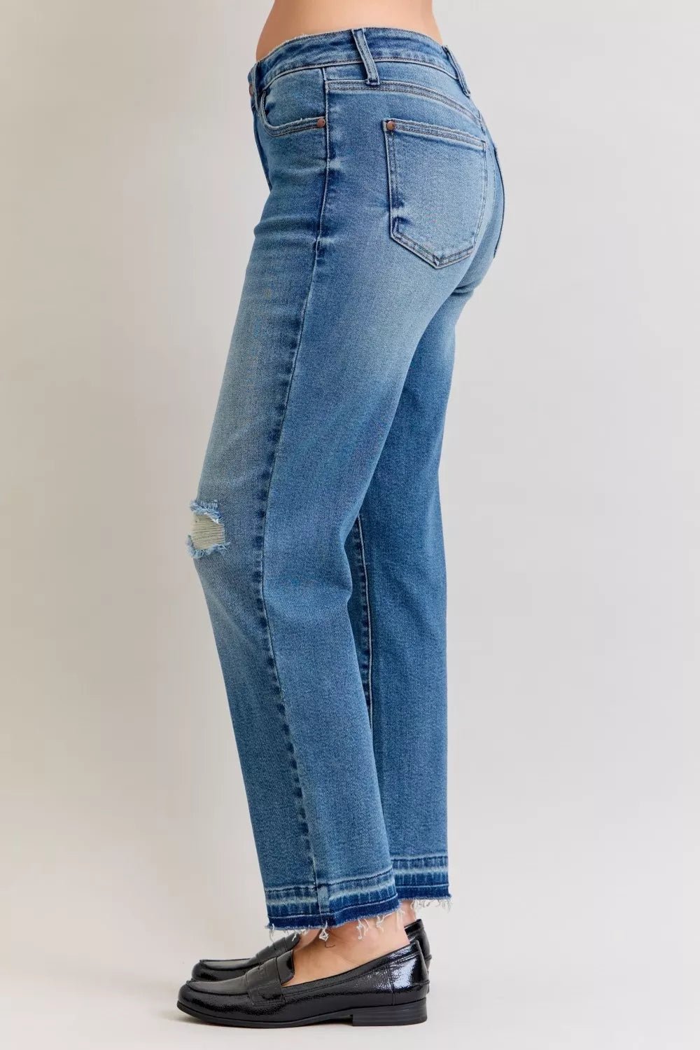 Judy Blue Full Size Mid Rise Bf Patch & Repair Destroy Release Hem Jeans Plus Size - Blu Lotus Boutique