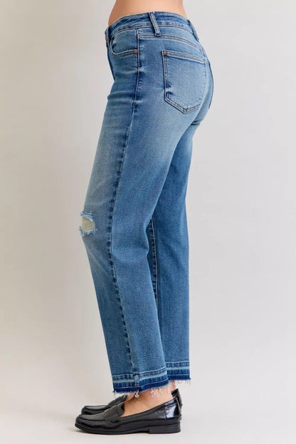 Judy Blue Full Size Mid Rise Bf Patch & Repair Destroy Release Hem Jeans Plus Size - Blu Lotus Boutique