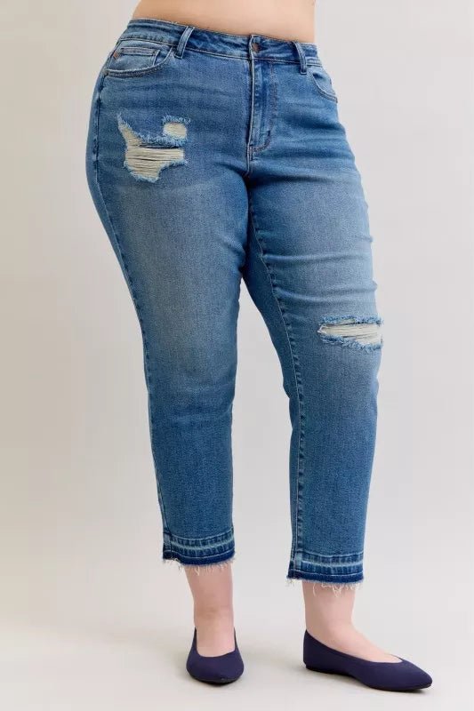 Judy Blue Full Size Mid Rise Bf Patch & Repair Destroy Release Hem Jeans Plus Size - Blu Lotus Boutique