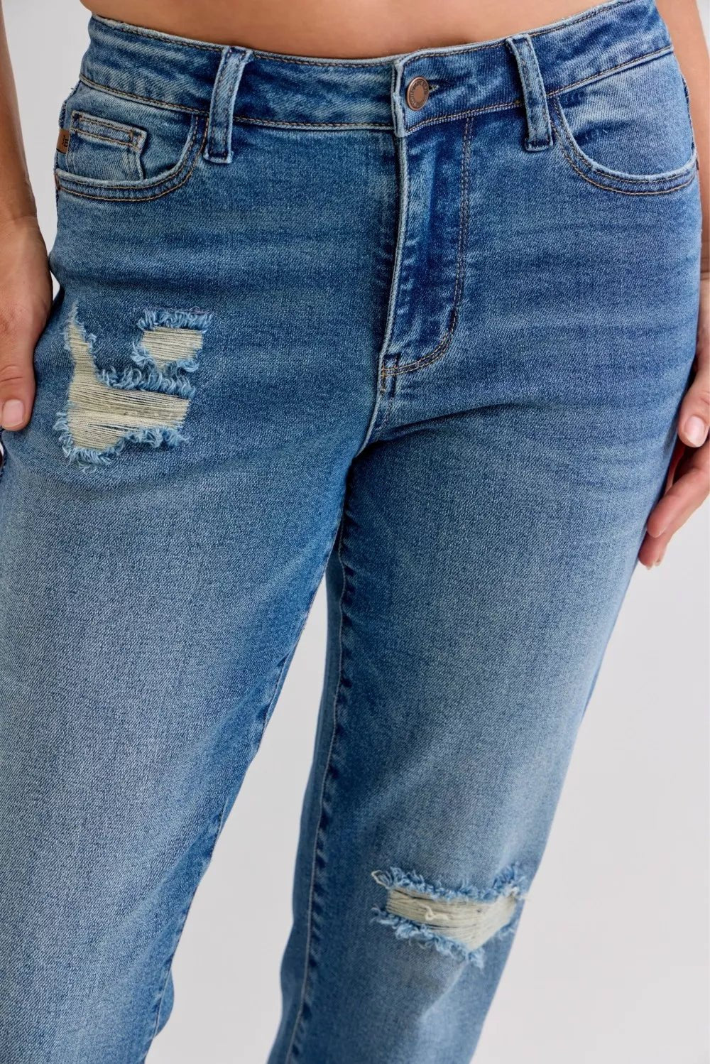 Judy Blue Full Size Mid Rise Bf Patch & Repair Destroy Release Hem Jeans Plus Size - Blu Lotus Boutique
