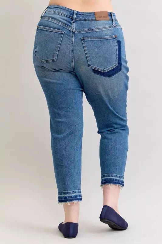 Judy Blue Full Size Mid Rise Bf Patch & Repair Destroy Release Hem Jeans Plus Size - Blu Lotus Boutique