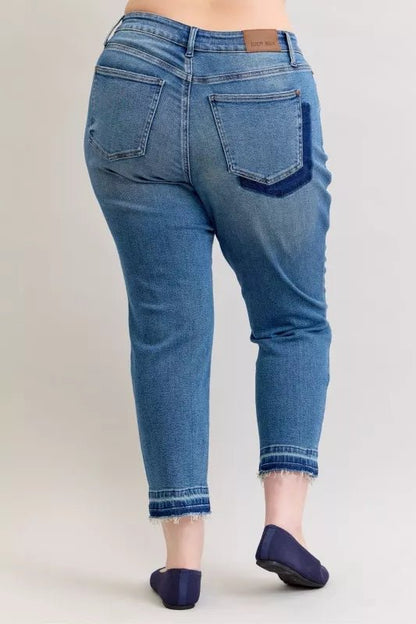 Judy Blue Full Size Mid Rise Bf Patch & Repair Destroy Release Hem Jeans Plus Size - Blu Lotus Boutique