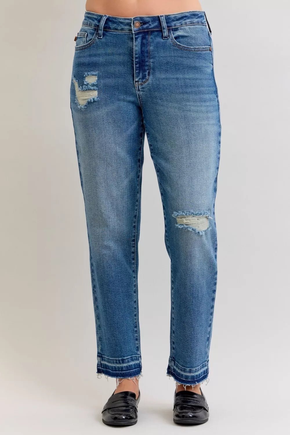 Judy Blue Full Size Mid Rise Bf Patch & Repair Destroy Release Hem Jeans Plus Size - Blu Lotus Boutique