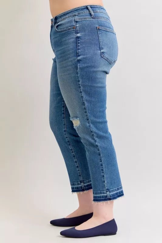 Judy Blue Full Size Mid Rise Bf Patch & Repair Destroy Release Hem Jeans Plus Size - Blu Lotus Boutique