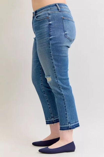 Judy Blue Full Size Mid Rise Bf Patch & Repair Destroy Release Hem Jeans Plus Size - Blu Lotus Boutique