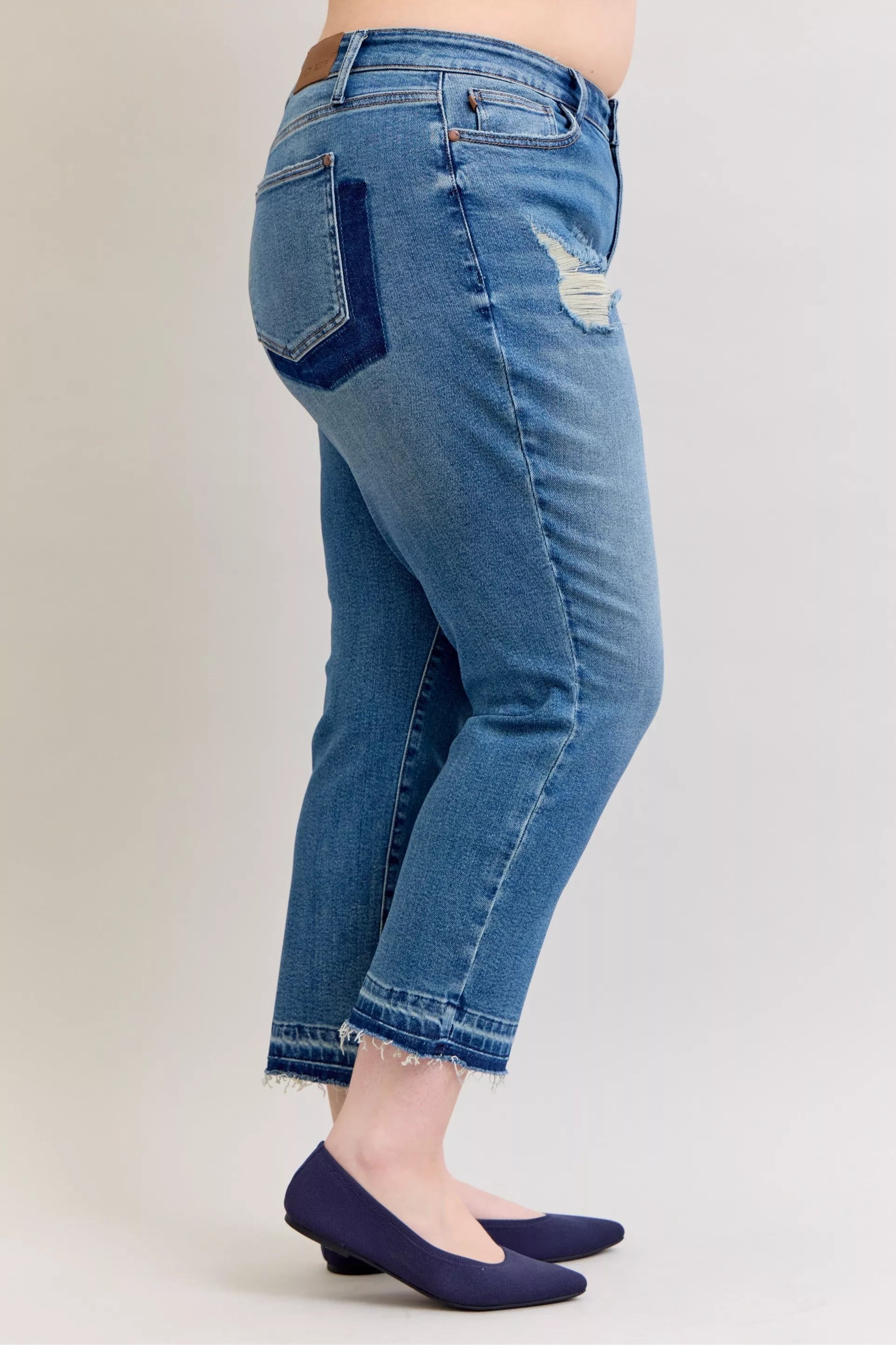 Judy Blue Full Size Mid Rise Bf Patch & Repair Destroy Release Hem Jeans Plus Size - Blu Lotus Boutique